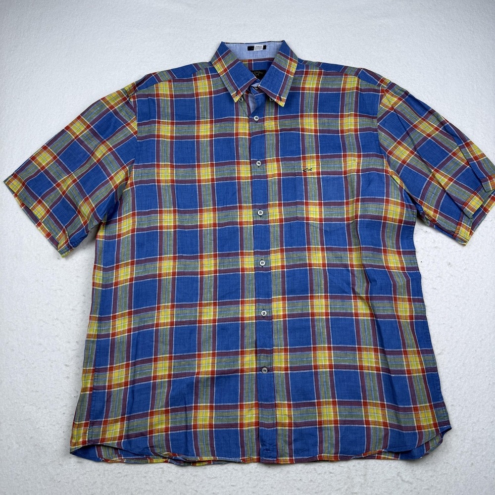 Paul & Shark Shirt Mens 44 Blue Plaid Short Sleeve Linen Button Up Nautical